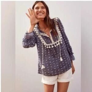Dr2 Peasant Tassel Fringe Long Sleeve Blouse Size Large